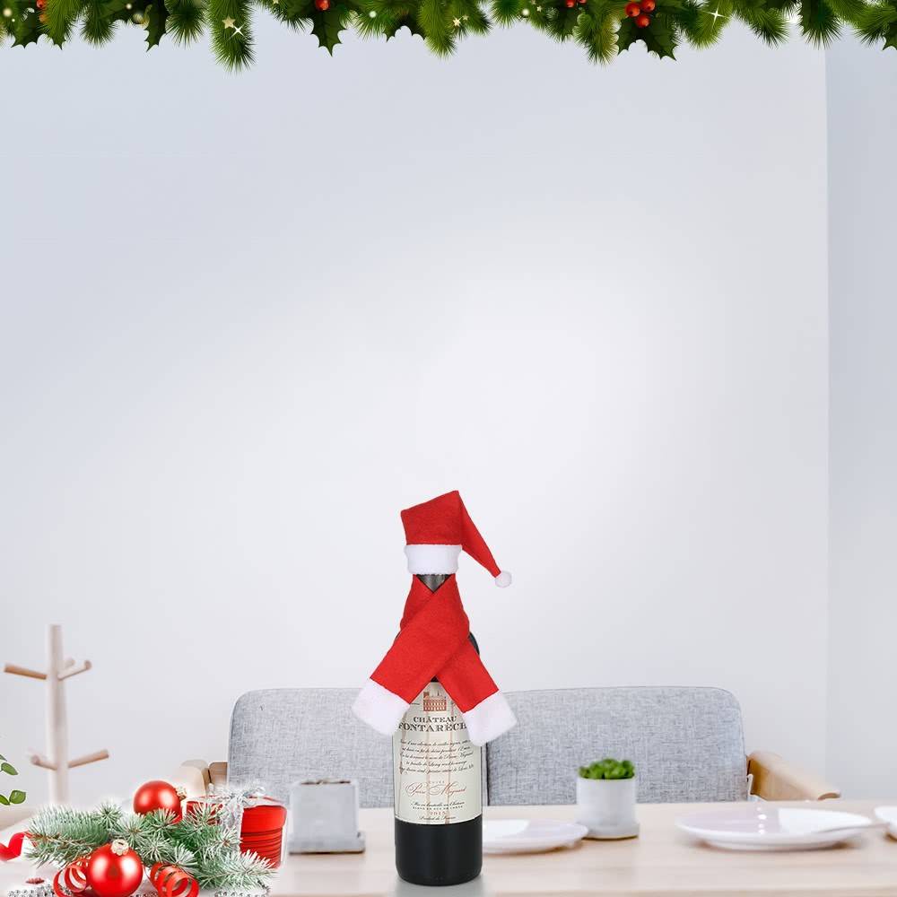 (2-tlg. Set) Weinflaschenanzug Sektflaschen Deko Überzug Weihnachtskostüm - Nikolaus Mütze / Schal