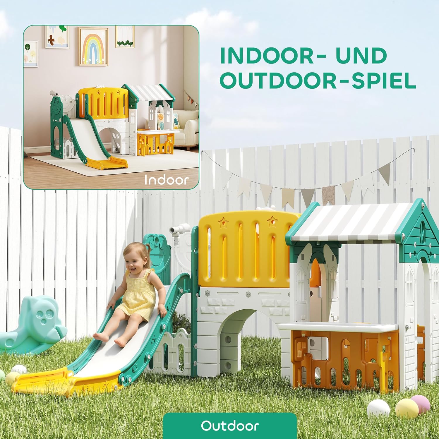 AIYAPLAY 7 in 1 Kinderrutsche mit Klettergerüst Kleinkindrutsche mit Basketballkorb, Tunnel, Teleskop, Stauraum, Spielhaus, Indoor und Outdoor Spielplatz für Kleinkinder 1-4 Jahre, Gelb+Grün