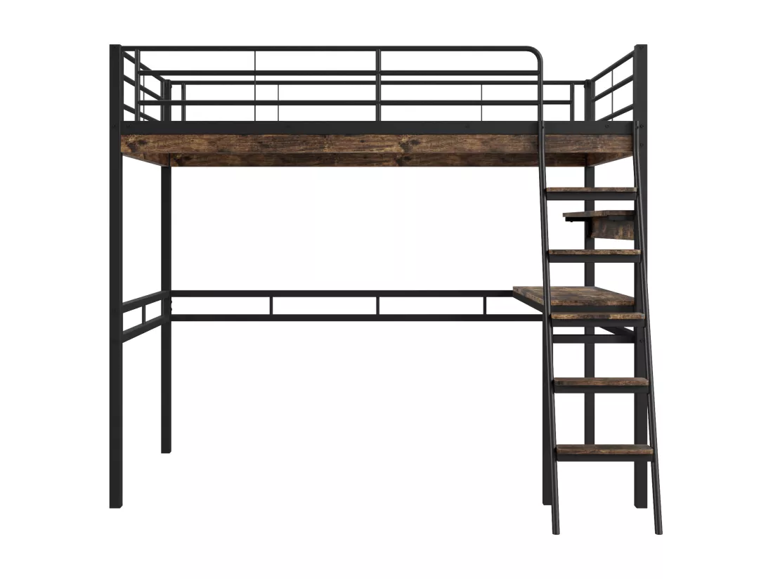 Lit mezzanine 90 x 200 cm avec bureau et étagères - Métal + MDF - Noir (sans matelas)