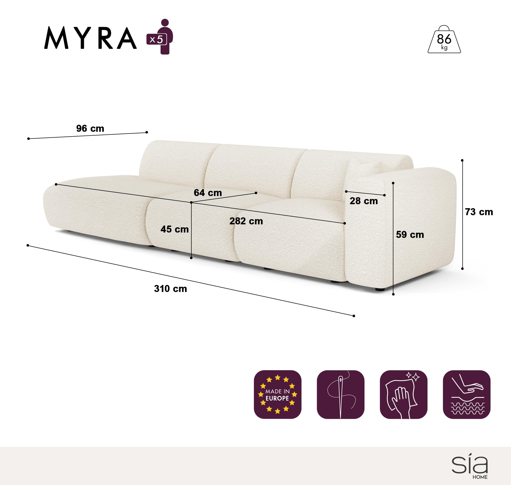 Rechte bank MYRA 5 personen Geweven stof Beige