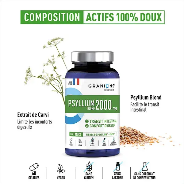 Granions Blond Psyllium 2000mg Conforto Digestivo 60 Cápsulas