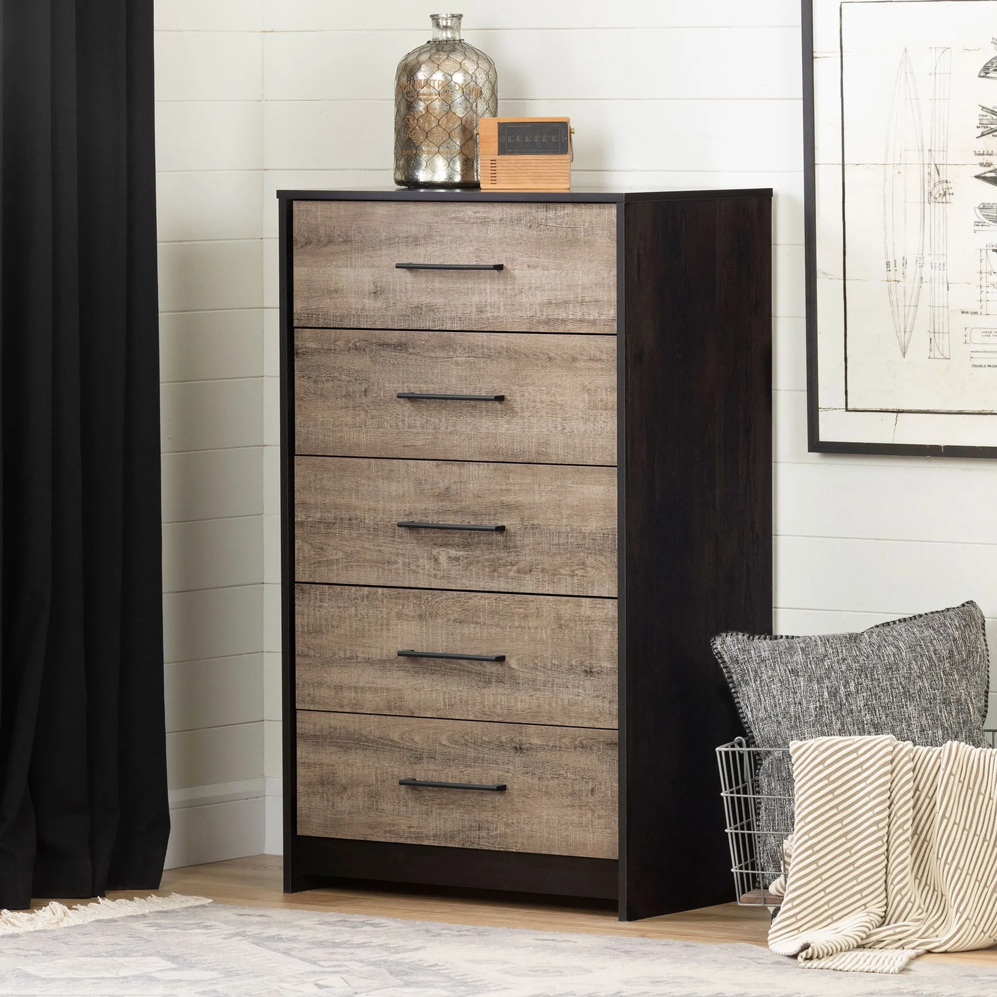 South Shore Commode 5 Tiroirs - Londen Noir antiqué et Chêne vieilli