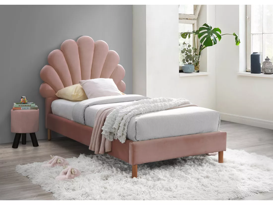 Lit coquillage 90 x 190 cm - Velours - Rose - MOANA