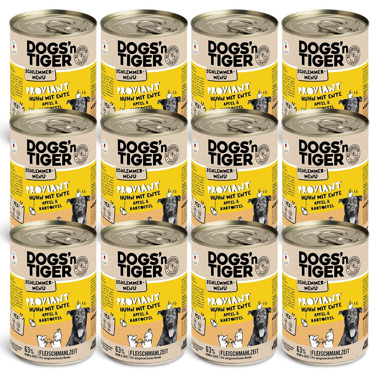Dogs’n Tiger Adult Hundefutter, Proviant, Nassfutter, Getreidefrei, Huhn, Ente, Apfel & Kartoffel