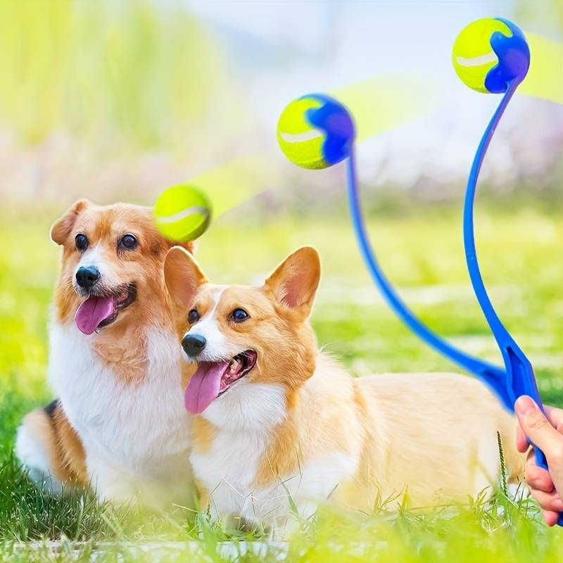 (46cm) Hunde Ballschleuder Spielzeug Ball Wurfgerät Outdoor Apportier Spiel inkl. Tennisball - Blau