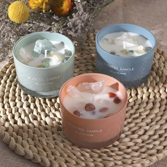 Duft Kerze im Glas Aromatherapie Sojawachs Kerze Home Deko Kristall Steine - Rosen