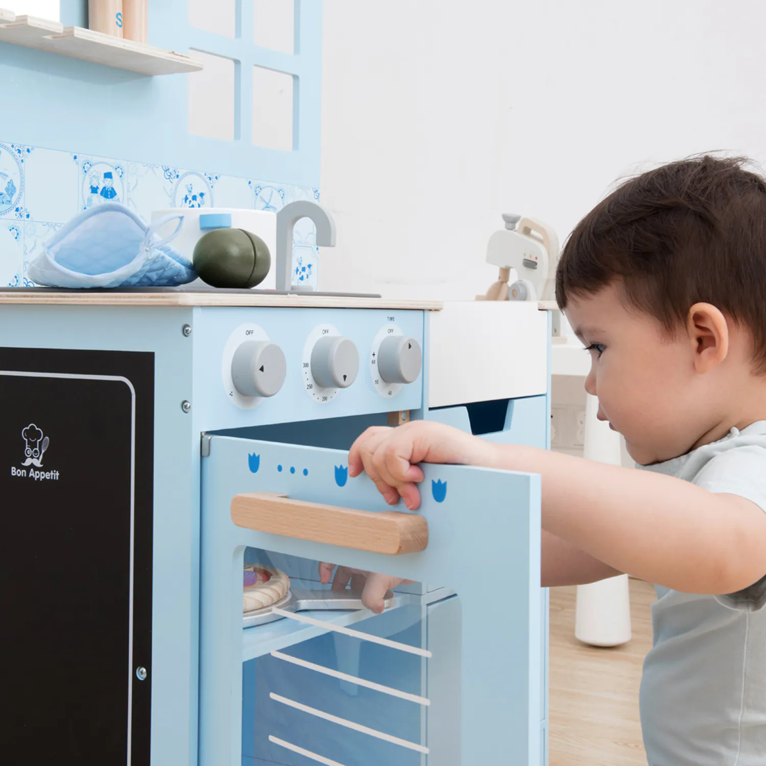 Küchenzeile Kinderküche aus Holz Delfter Blau Holzküche Holzspielzeug