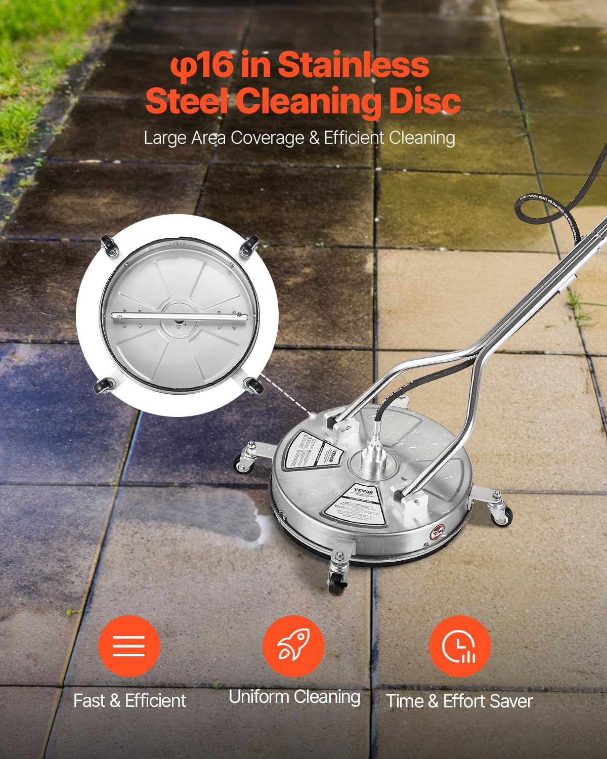 VEVOR 465 mm Hochdruckreiniger, Oberflächenreiniger, Flächenreiniger aus Edelstahl mit 4 Rädern, max. 4000 PSI, 3/8-Schnellanschluss, 2 Sprühdüsen, Doppelgriff, für Beton, Terrasse, Gehweg