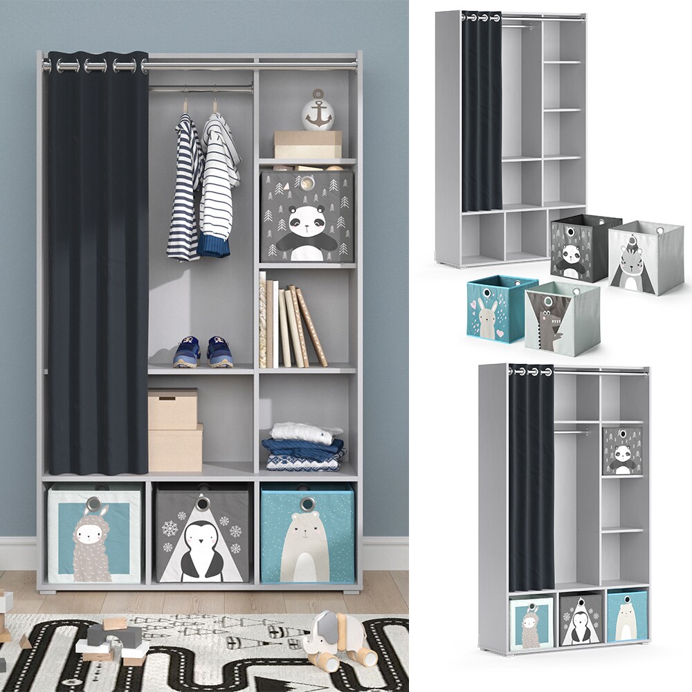 Vicco Kinderkleiderschrank Kinderzimmerschrank Kindergarderobe Luigi Hellgrau Faltbox 106 x 178 cm modern Schrankregal Jugendzimmerschrank Organizer Vorhang Kleiderstange Fächer Aufbewahrung Spielzeugablage