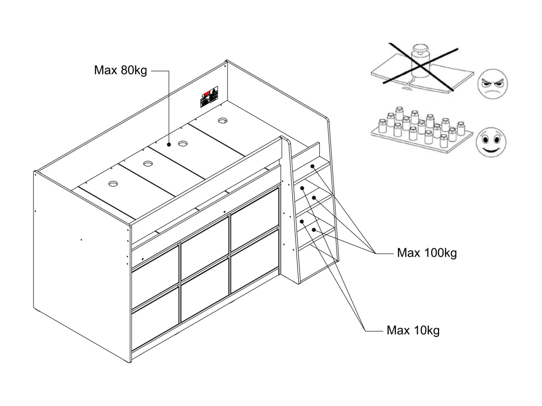Lit mi-hauteur 90 x 190 cm avec 6 tiroirs - Blanc + Matelas - CAMALETI