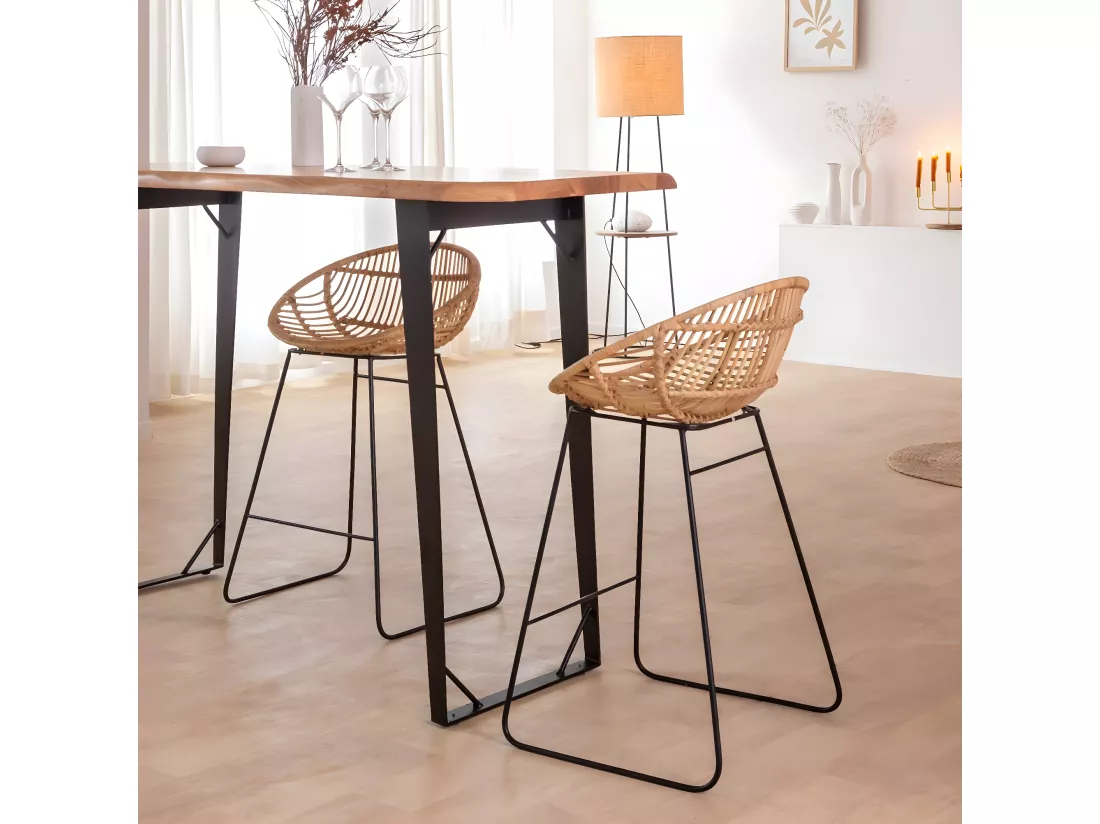 Tabouret de bar rond en rotin et métal Calvi