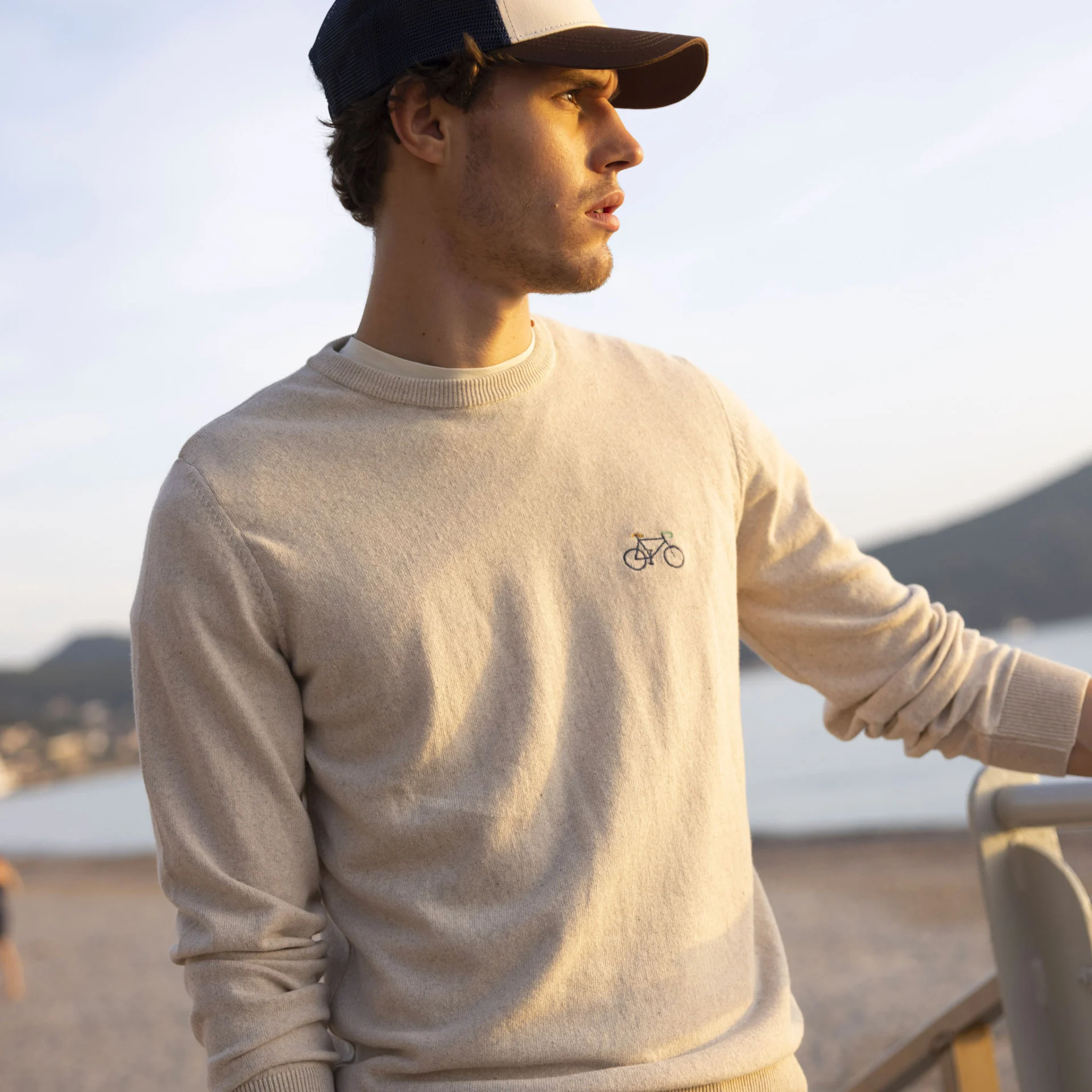 Pull col rond beige chiné Coton bio et coton recyclé - modèle Marly
