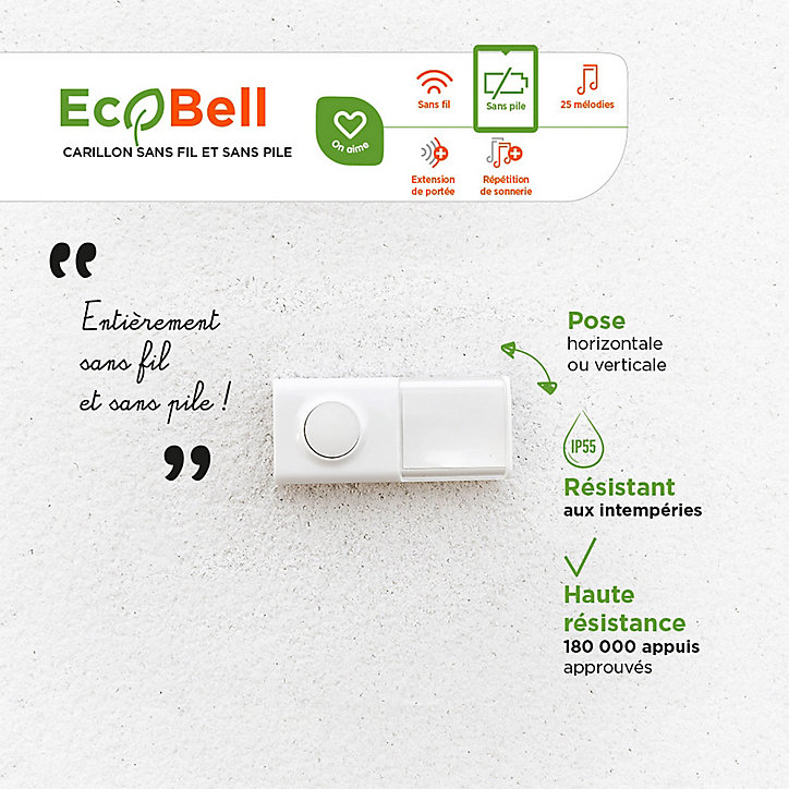 Carillon sans fil et bouton sans pile SCS Sentinel EcoBell 100