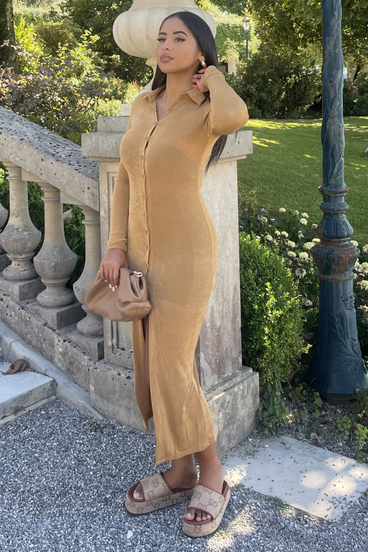 Robe chemise longue camel