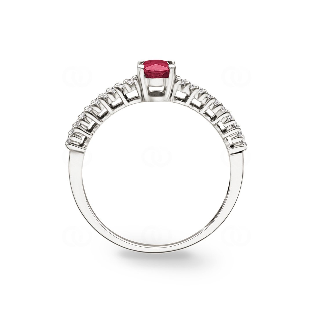 Damenring 750/18 K Weissgold mit Rubin oval und Diamanten 0.16 ct H/si