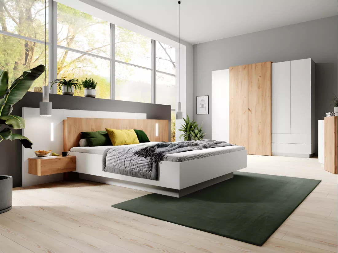 Lit coffre avec chevets 160 x 200 cm - 2 tiroirs - Avec LEDs - Coloris : Blanc et naturel + Matelas - FRANCOLI