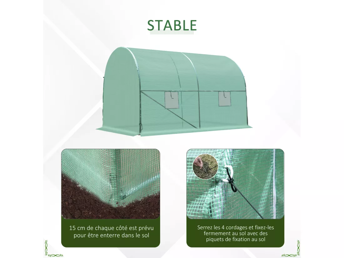 Serre de jardin tunnel 6 m² 3L x 2l x 1,9H m acier galvanisé renforcé diamètre 2,4 cm + PE haute densité fenêtres porte vert