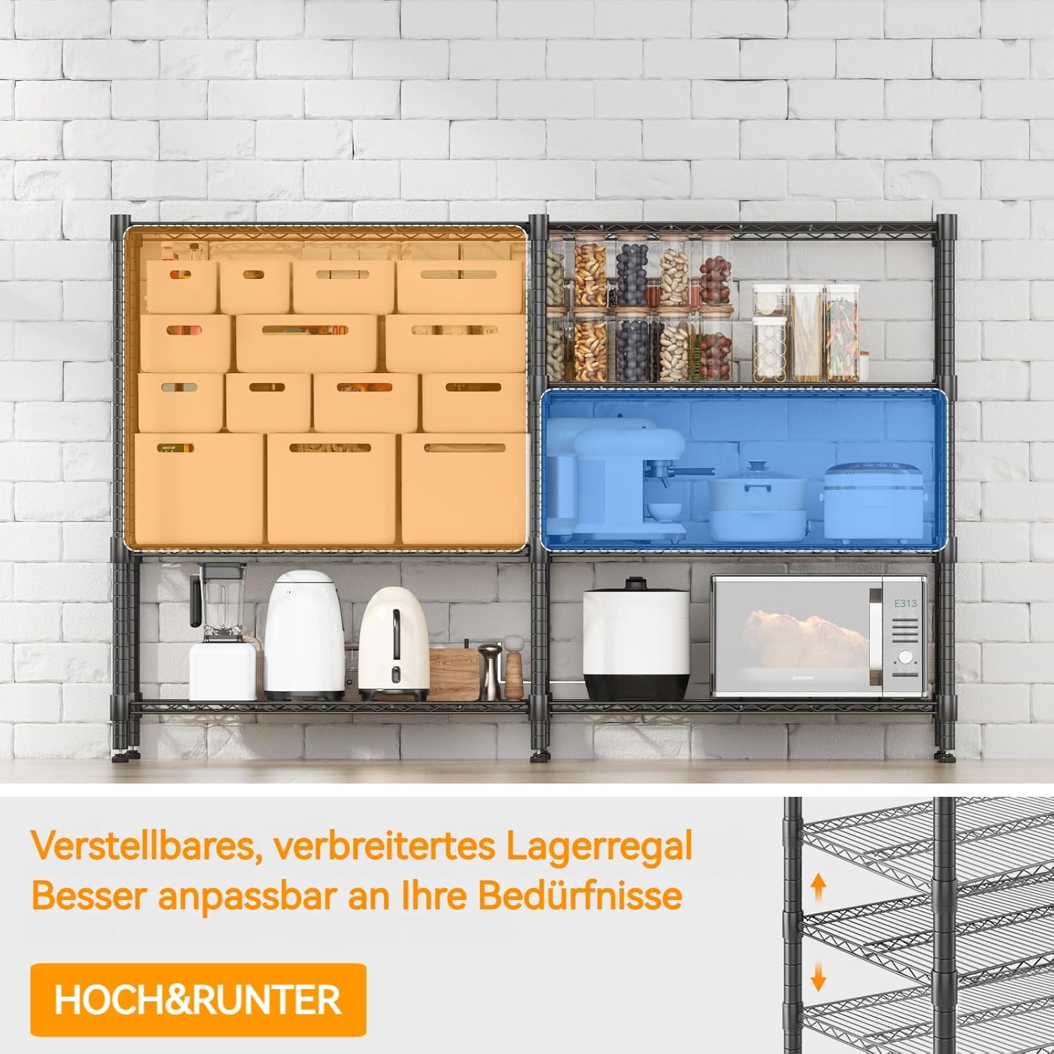 Himimi 4-stöckiges Regal, Robustes Metallaufbewahrungsregal, höhenverstellbar, Drahtgestell mit nivellierbaren Füßen, Regaleinheit mit großer Kapazität für Küche, Schlafzimmer, 180x45x152cm, Schwarz