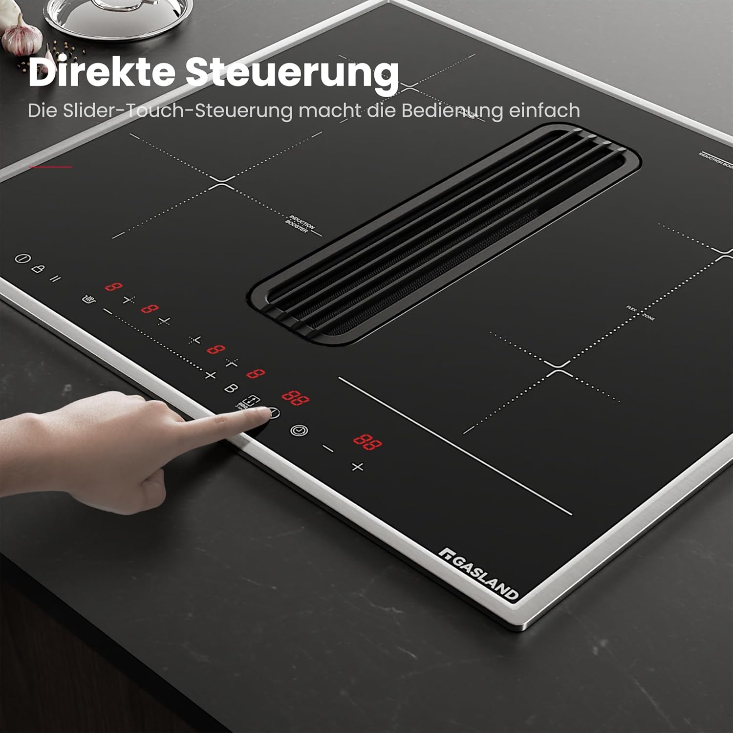 GASLAND IH604BFRB 60 cm Autarkes Induktionskochfeld mit Integriertem Dunstabzug, 4 Zonen Einbau Induktionskochfelder mit Edelstahlrahmen, PowerBoost schnelleres Kochen, 7400W (Ohne Grillplatte)