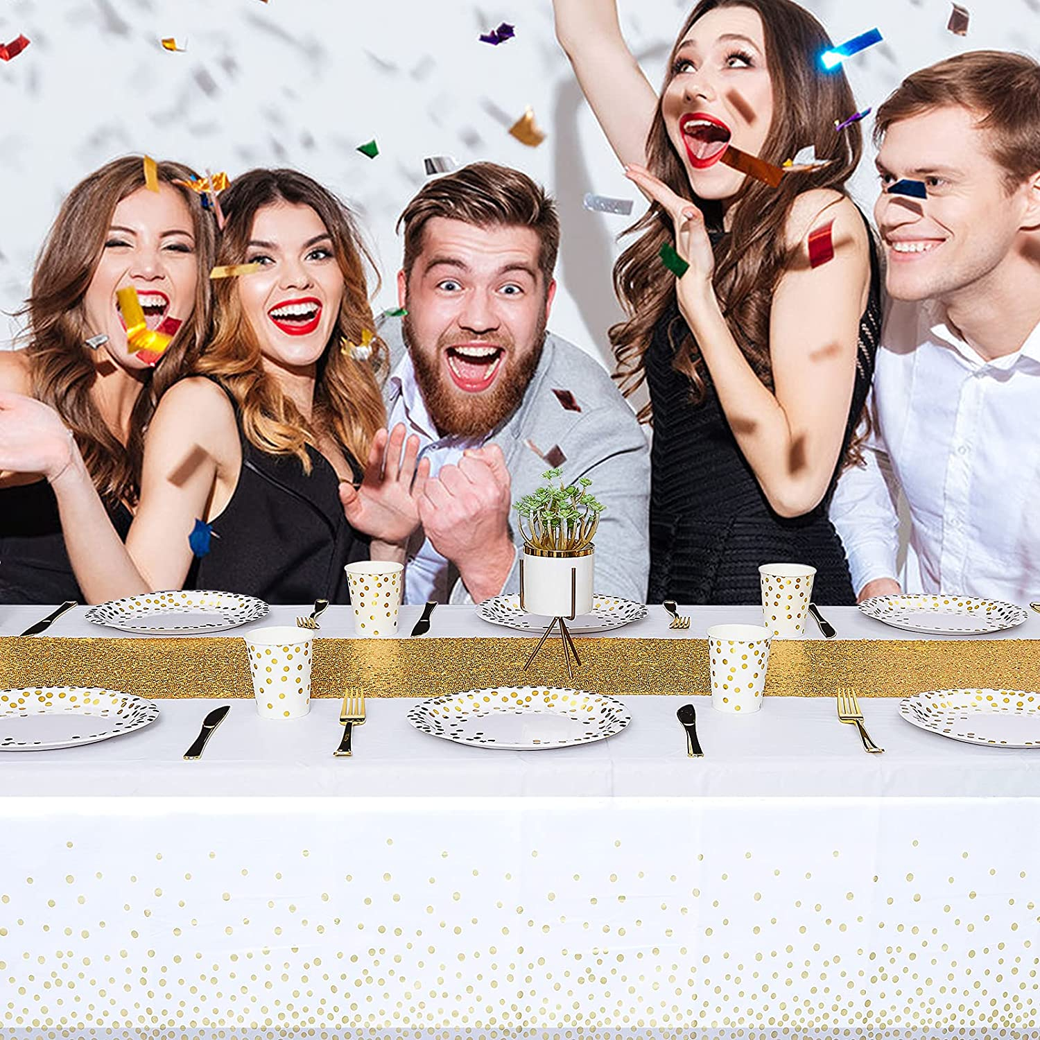 (270x135cm) Deko Tischdecke Party Dekoration Tisch Tuch Punkte Design - Weiss / Gold