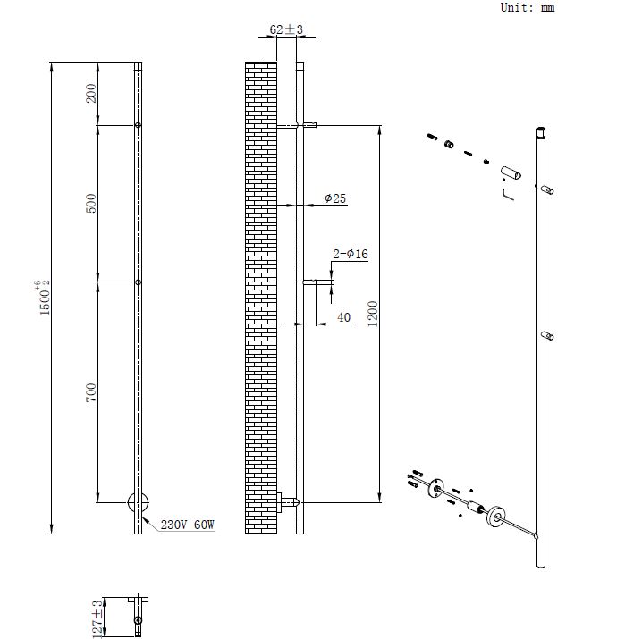Mueller Vira elektrische staafradiator 150cm zwart mat 60W
