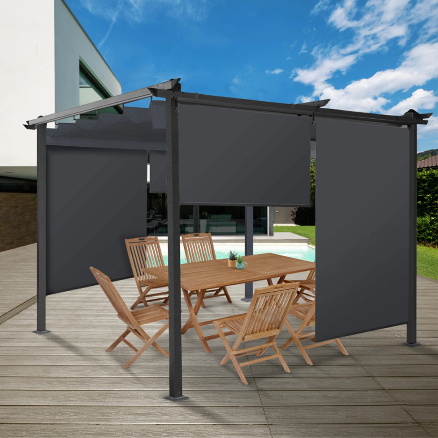 Lot de 2 stores enrouleurs L.124 x H. 225 CM pour pergola gris anthracite