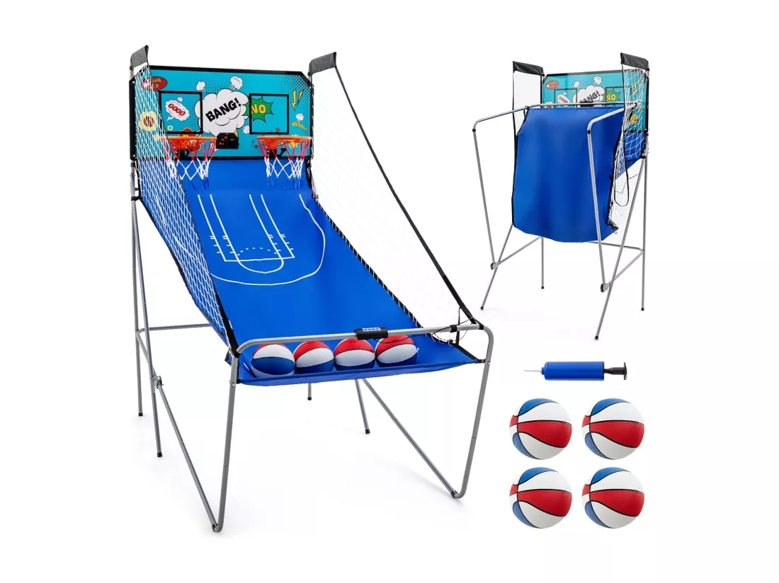 Panier de Basketball Pliable à Double Tir 4 Balles Pompe de Gonflage, Jeu de Basketball Arcade pour 1 à 4 Joueurs avec Système de Pointage, 8 Modes de Jeux pour Enfants Adultes (Vert)