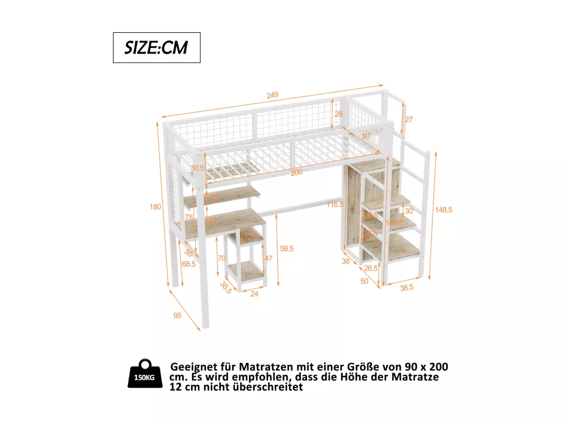 Lit mezzanine 90 x 200 cm avec bureau, penderie et étagères et rangements - Métal + bois MDF - Blanc