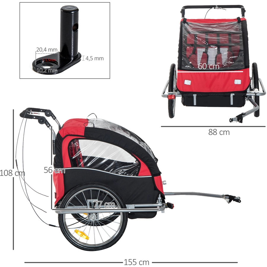 HOMCOM Kinderanhänger mit Staufach rot, schwarz