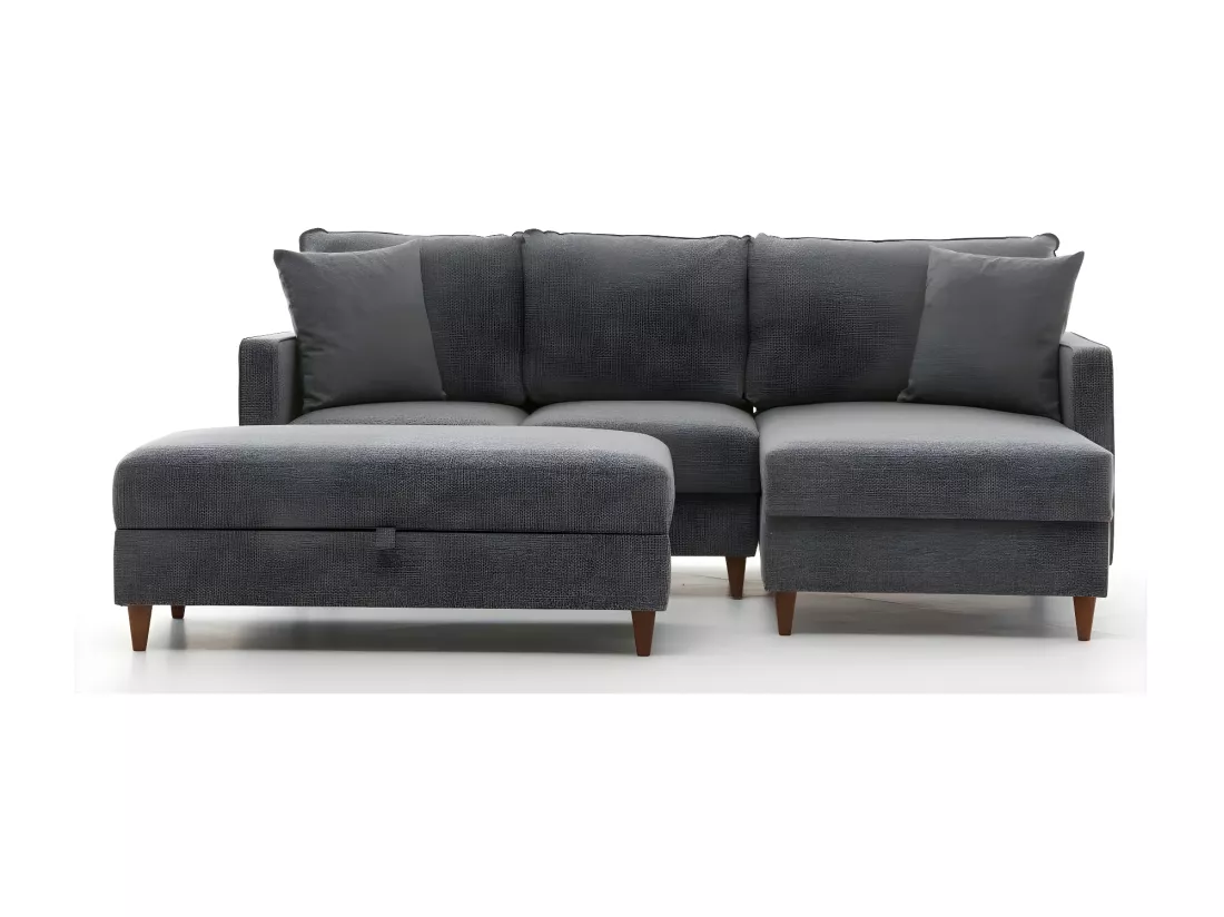 Canapé d'angle à droite convertible avec pouf-coffre Evania Tissu Gris