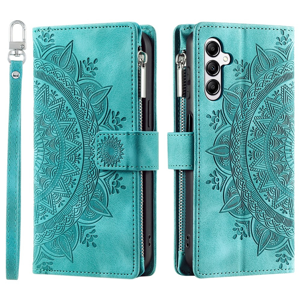 Samsung Galaxy A26 / A17 Leder Tasche Flip Cover mit Reissverschluss - Mandala Flowers Imprint - Türkis