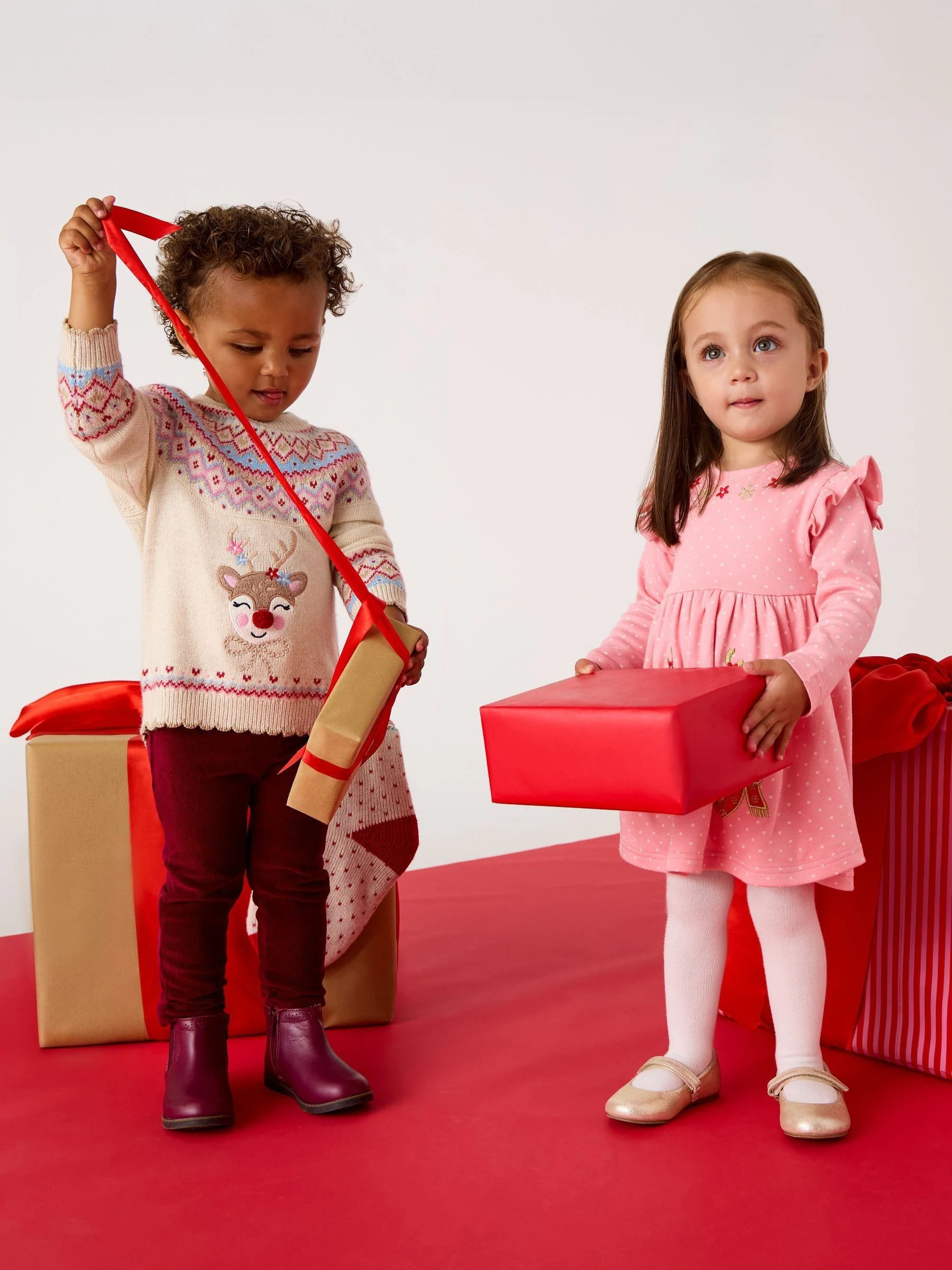 Rose Pink Reindeer - JoJo Maman Bébé Kerstmis jurk met schouderruches en appliqué
