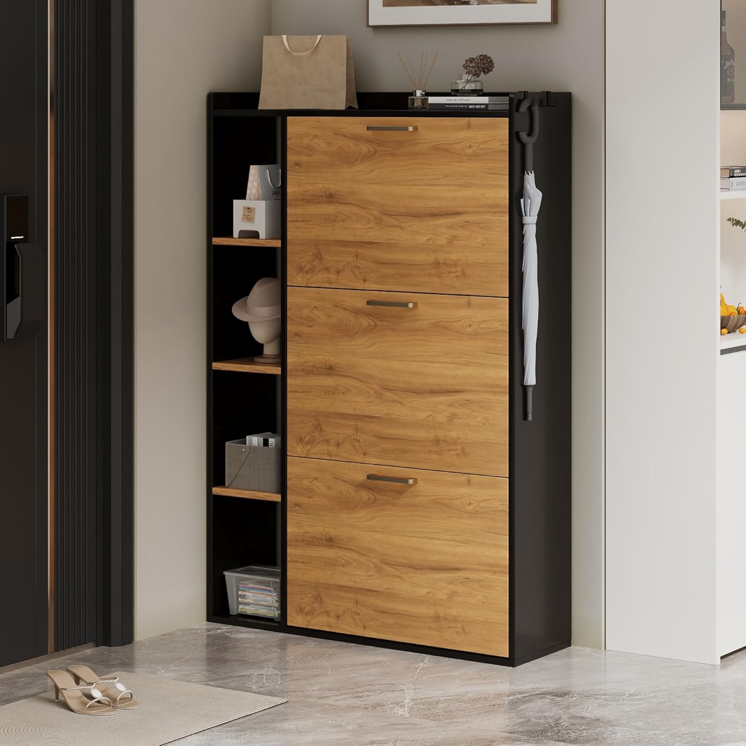 Meuble à Chaussures 18-24 Paires Meuble de Rangement à Chaussure avec 4 Compartiments de Rangement pour Salon, Couloir, entrée 80x24x122cm Noir et Orange NT2901929