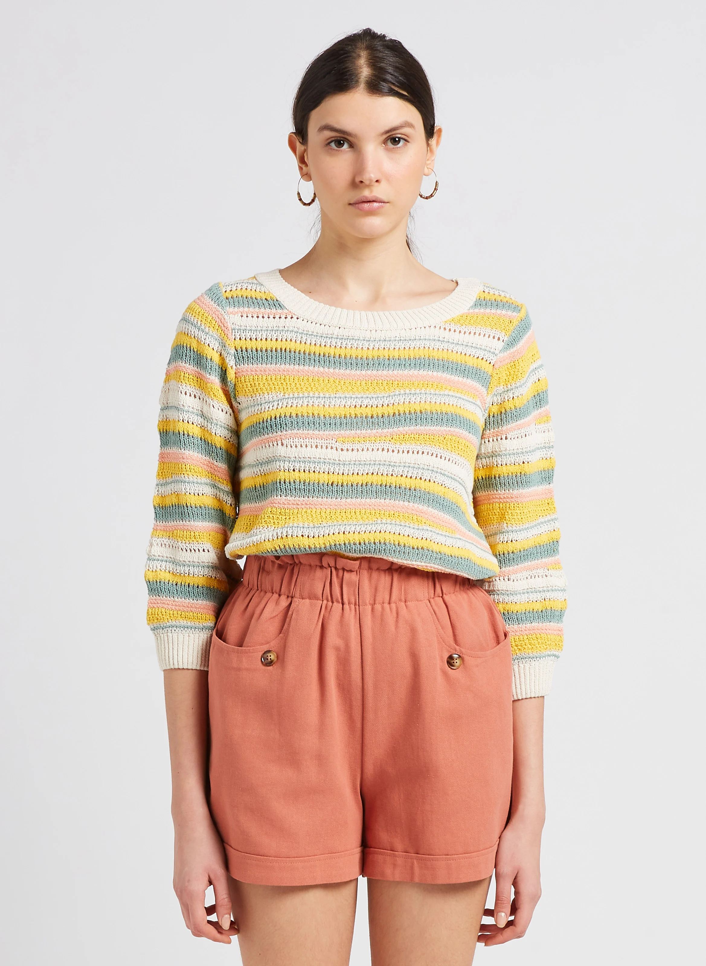 VILULIA - Pull col rond rayé en coton mélangé | Beige