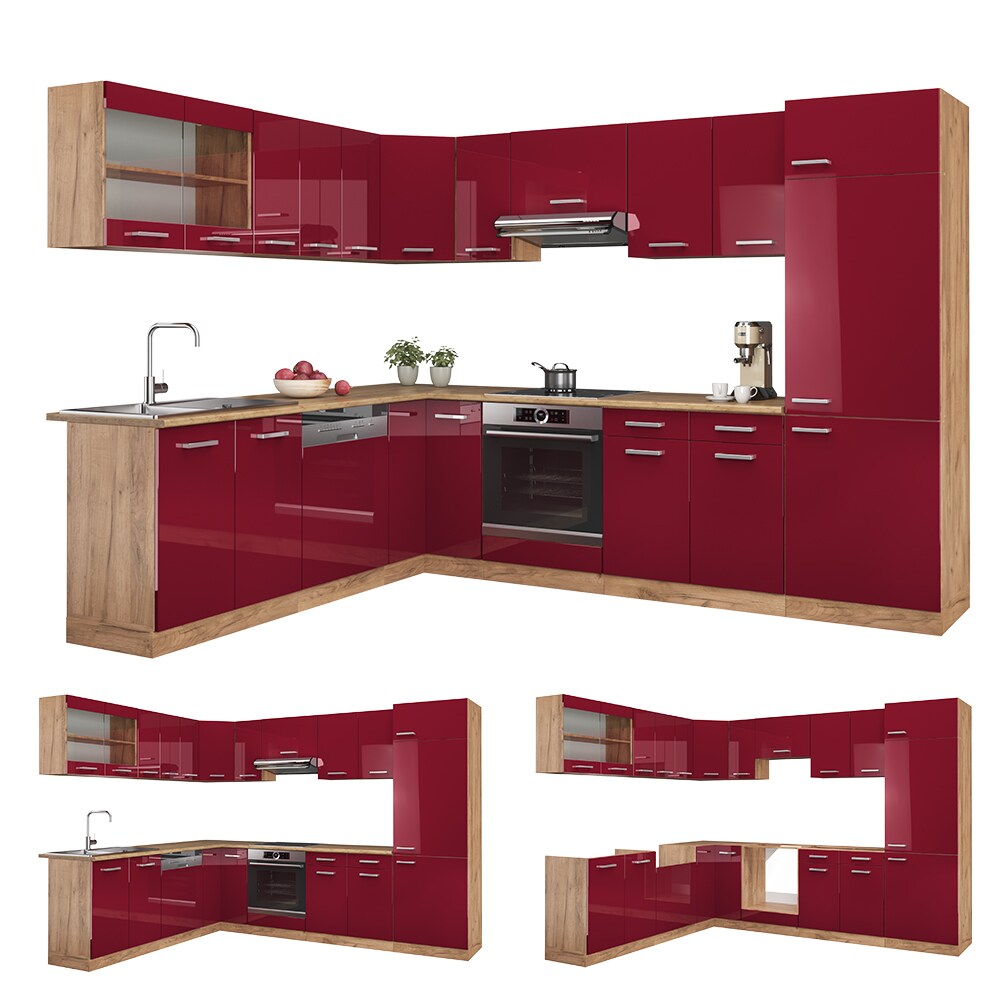 Vicco Küchenzeile Küchenblock Einbauküche R-Line Ecke 287 x 277 Bordeaux HGL