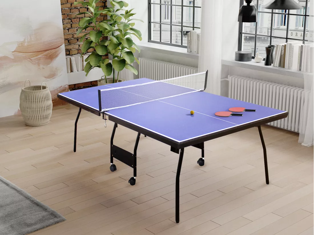 Table de ping-pong pliable à roulettes avec accessoires - Bleu - L274 x P152.5 x H76 cm - GARRY