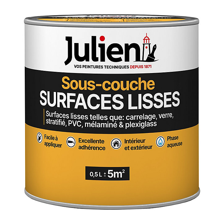 Sous-couche surfaces lisses ou difficiles, carrelage, verre, PVC Julien mat blanc 0,5 L