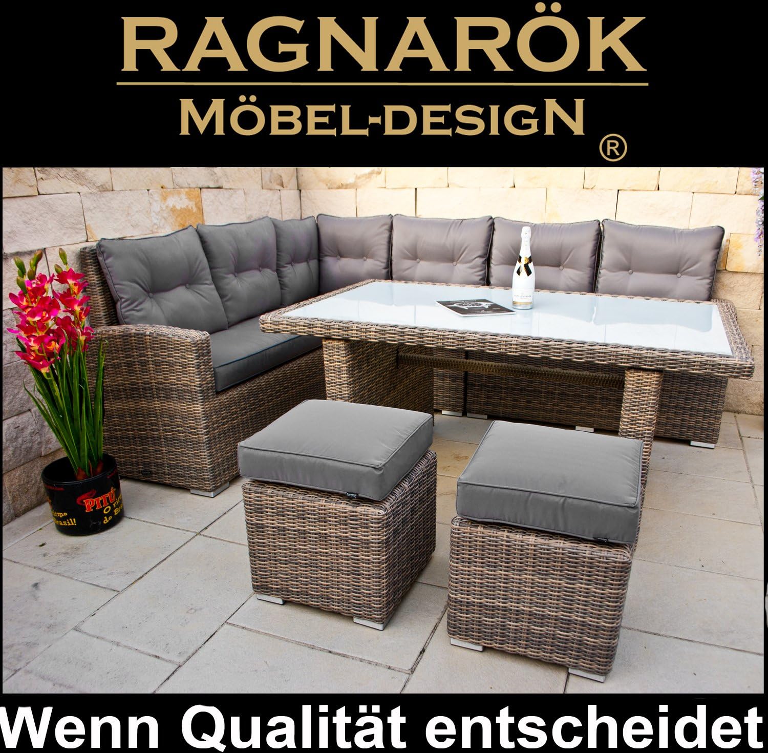 Premium PolyRattan Dining lounge - Deutscher Hersteller - 8 Jahre GARANTIE - Aluminium Gartenmöbel Essgruppe Polster Sitzkissen Grau Natur Rostfrei Esstisch Rattan Garten Sitzgruppe Tisch
