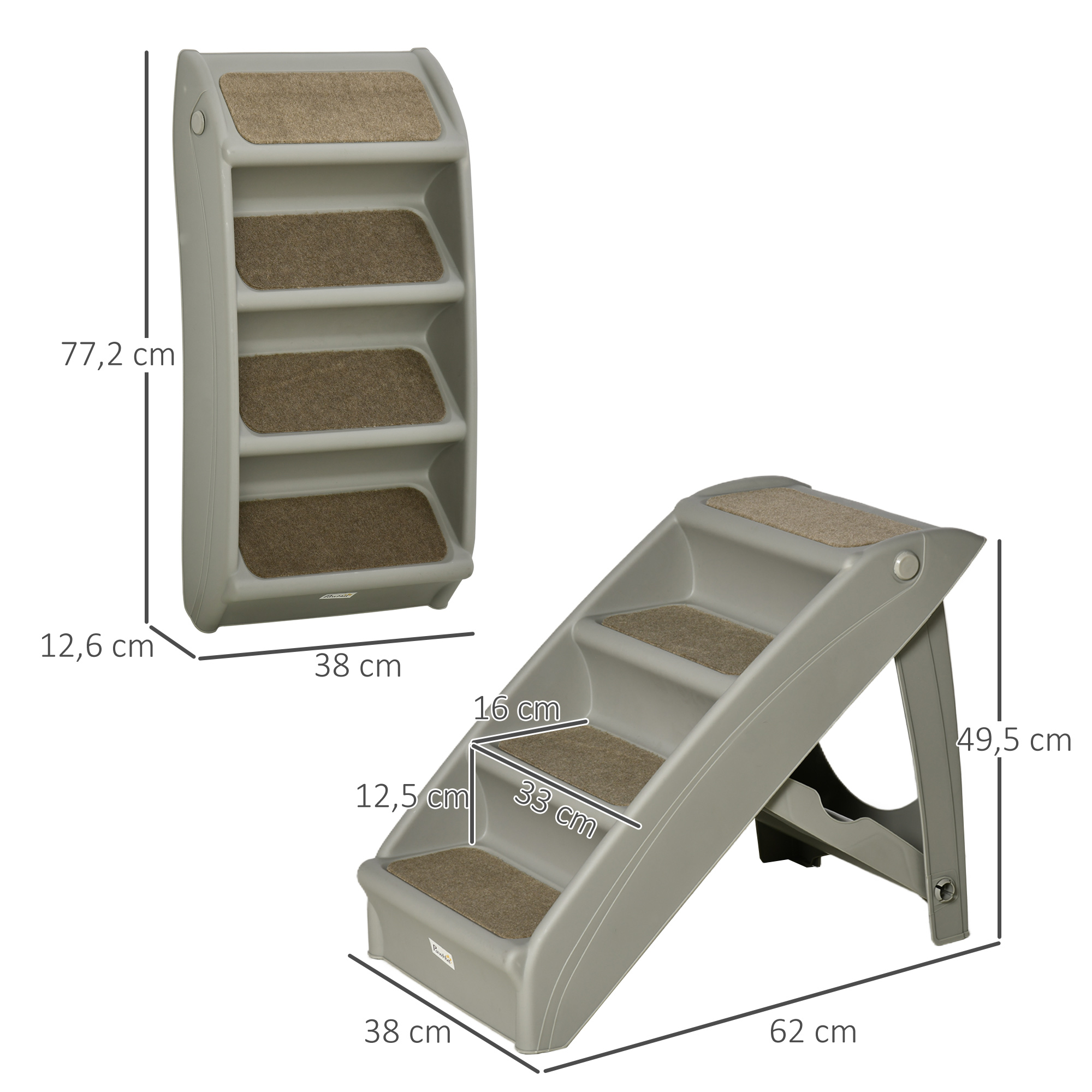 Escada dobrável de 4 degraus PawHut para animais de estimação, escada portátil para cães e gatos com tapetes antiderrapantes para cama e sofá, capacidade de carga de 20 kg, 62 x 38 x 49,5 cm, cinza.