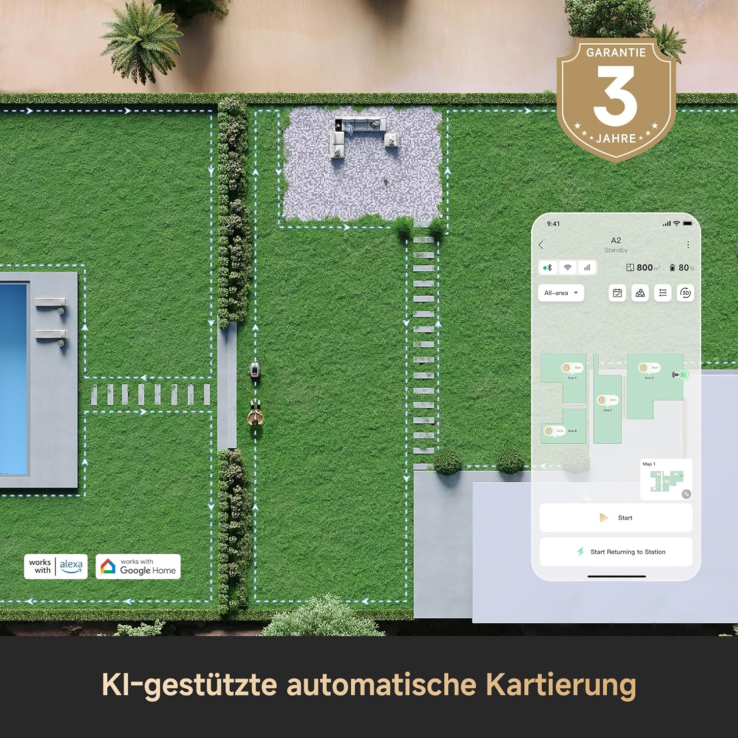 Dreame Mähroboter A2 1200,Auto-Begrenzungseinrichtung, Dual-Fusion-Kartierung, OmniSense™-2.0-Hindernisvermeidung, EdgeMaster™-Schneidsystem, Leiser Nabenmotor, Steigung bis 26,5°, Smart-App-Steuerung