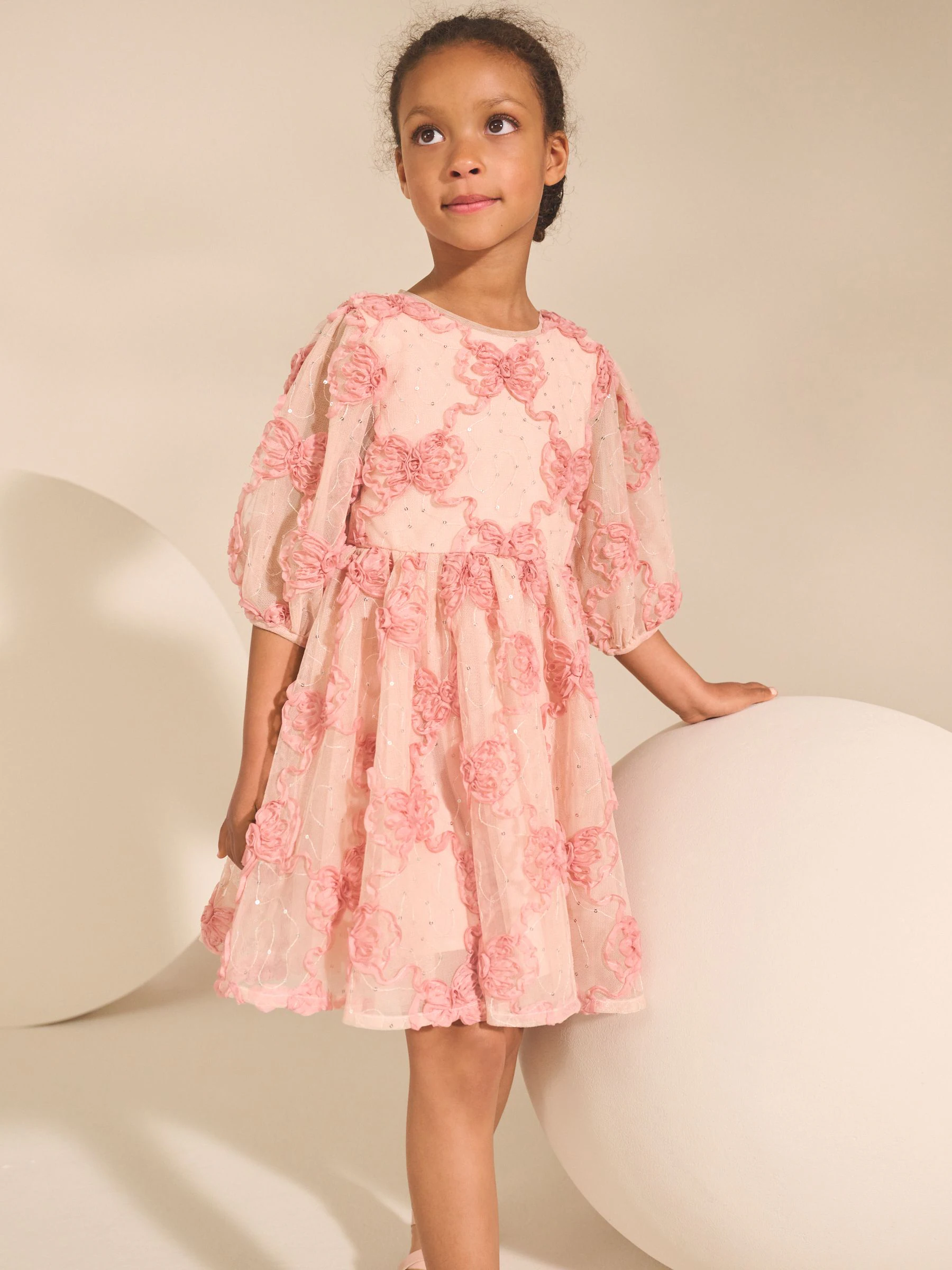 Roze - Jurk met mesh en strik (3-16jr)