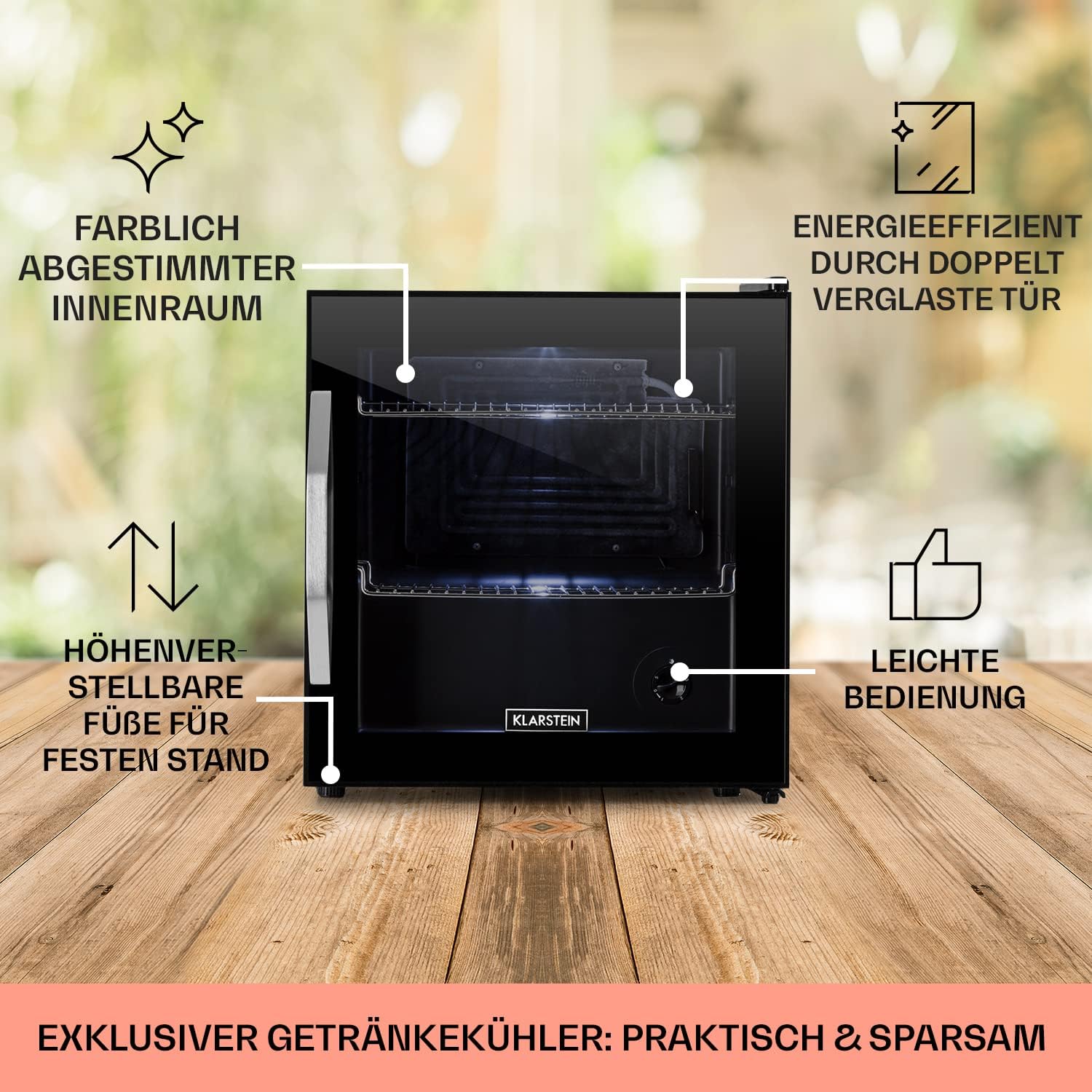 Klarstein Mini Kühlschrank mit Glastür, für Zimmer, Getränkekühlschrank Verstellbaren Ablagen, Kleiner 47 Liter, Indoor/Outdoor Leise