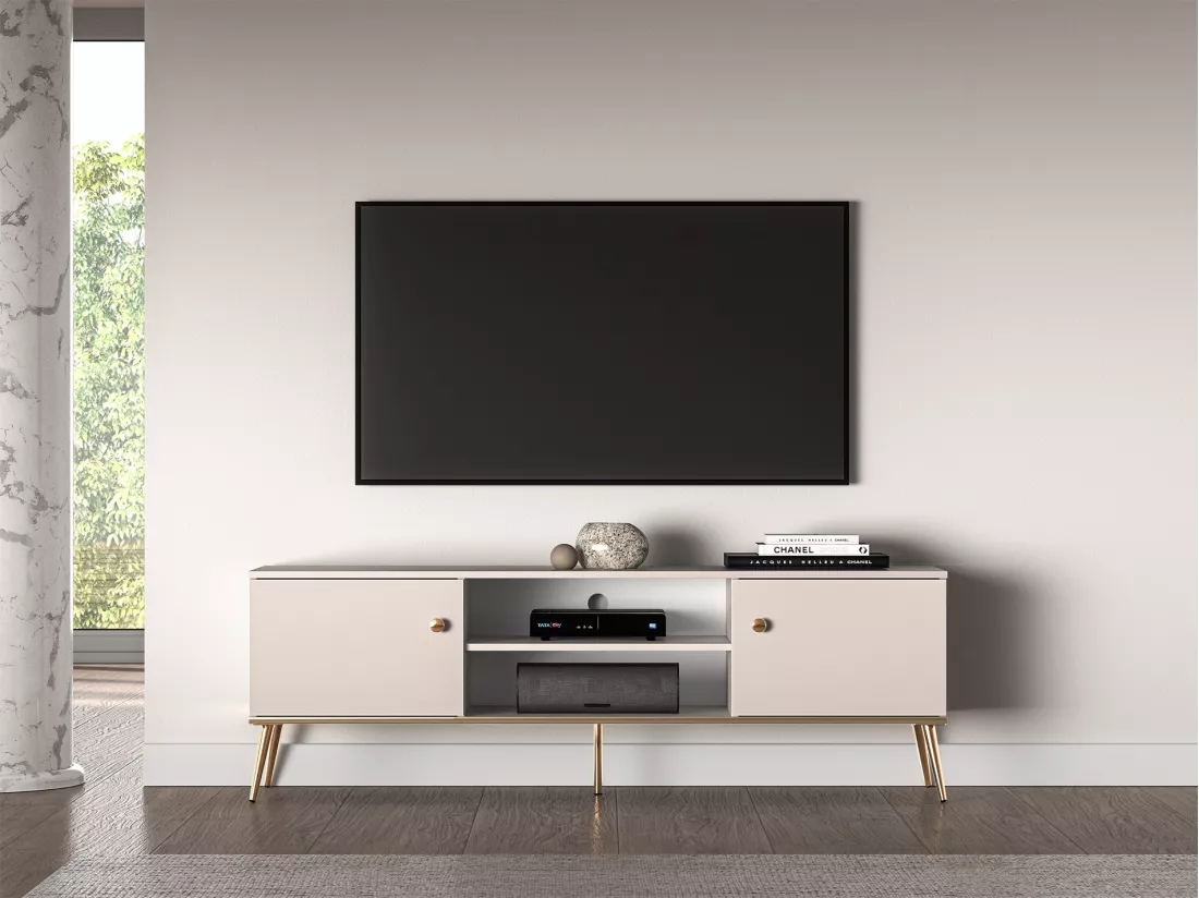Meuble TV à deux portes - 160 cm - avec pieds dorés - grège - SELGIN