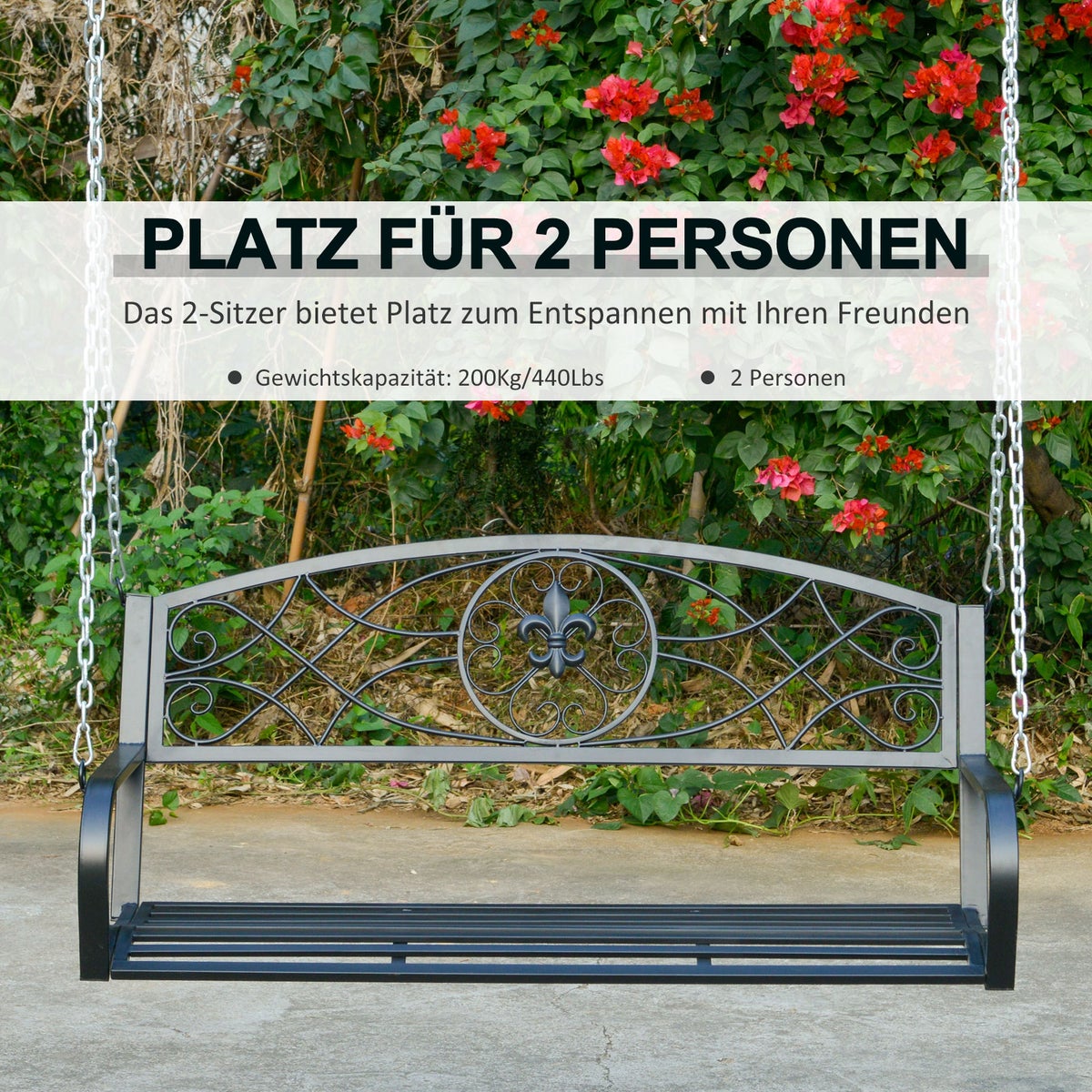 Outsunny Hollywood Swing, 2-zits tuinschommel met kettingen, 132 x 63 x 58 cm, metaal, zwart