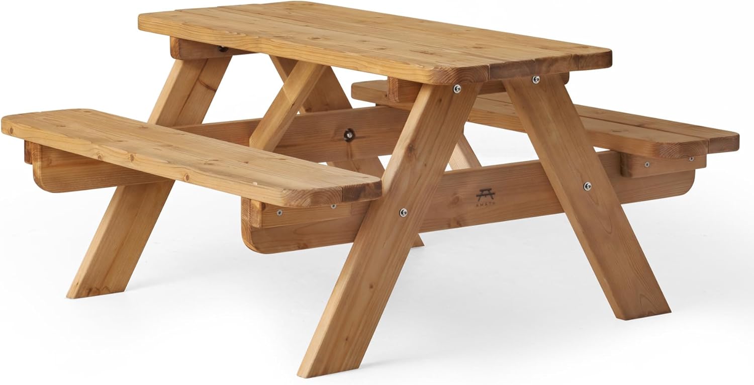 Amata Classic Design Kinder Picknicktisch Mini UNGURS Collection - Wetterfester Picknicktisch aus Holz für draußen, kindersicheres Design - Perfekt für Garten und Terrasse (Braun)