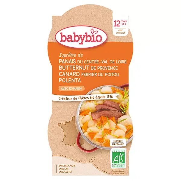 Lancheira Babybio com Pastinaca, Abóbora Cabotiá, Pato e Polenta +12m Orgânica 2 x 200g