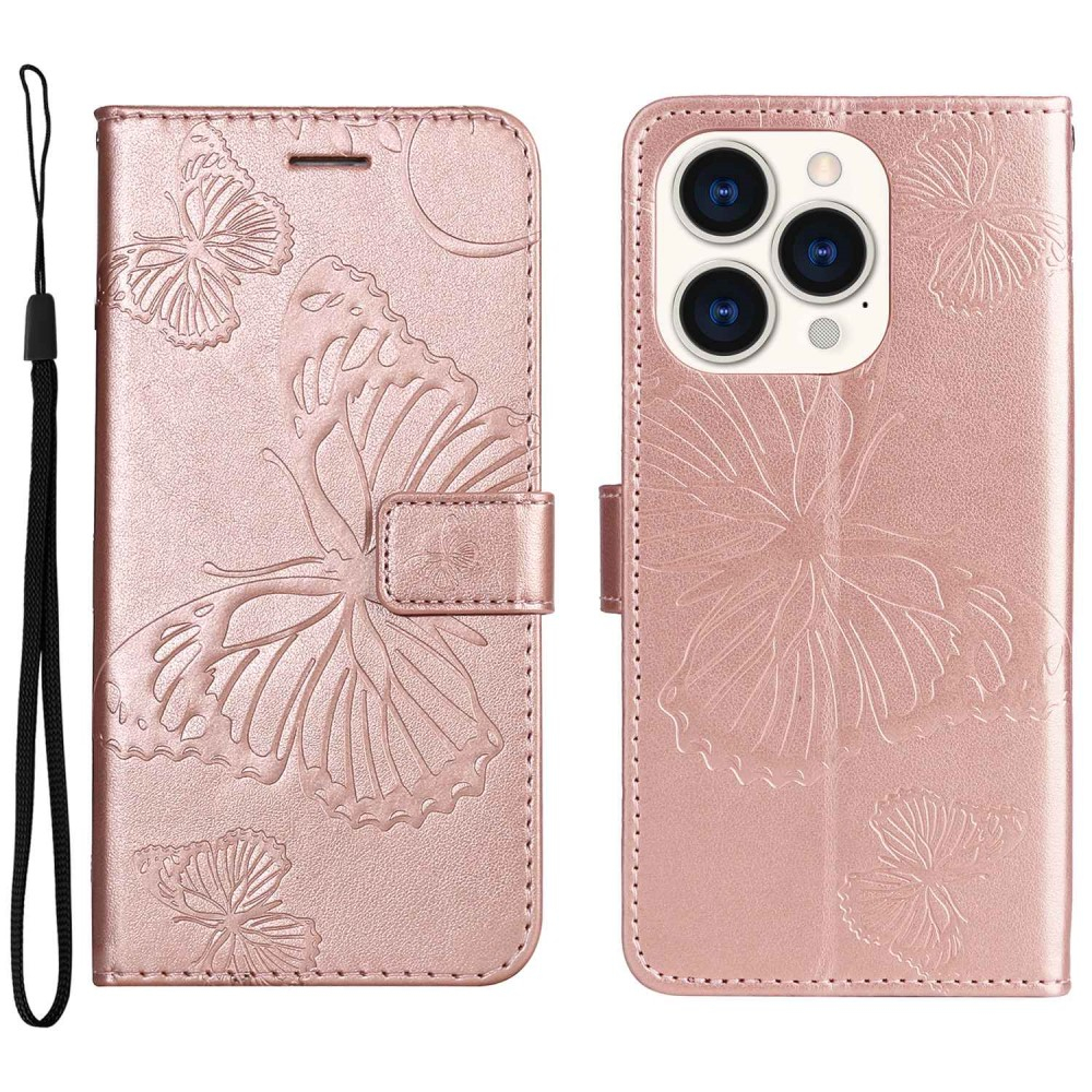 iPhone 14 Pro Leder Tasche mit Kartenfach   Handschlaufe Schmetterling - Roségold