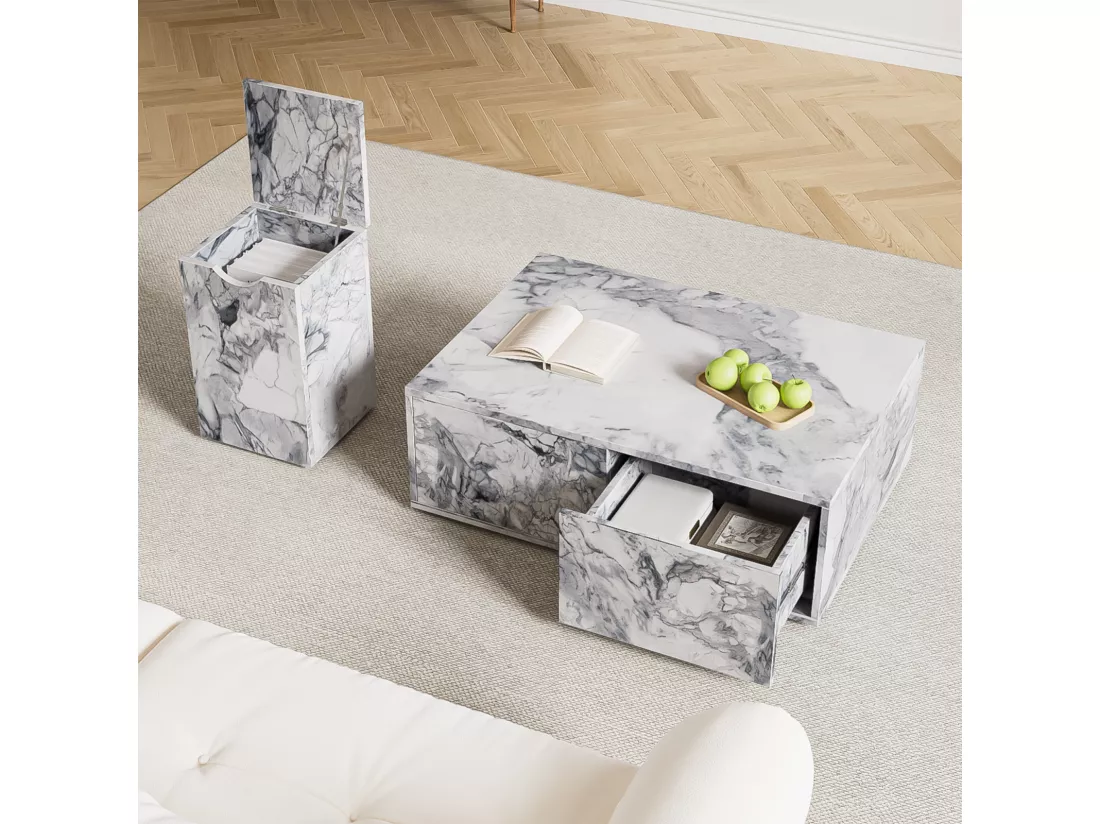 Lot de 2 table basse fixe, table basse modulaire effet marbre avec table d'appoint de canapé et balcon, blanc