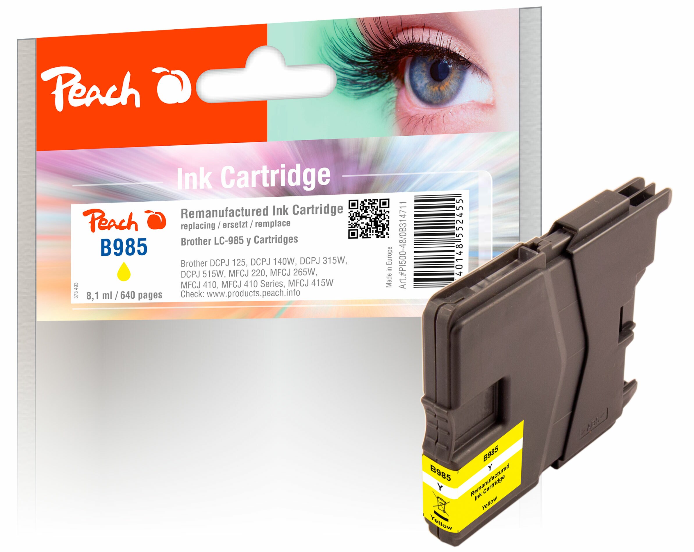 Peach B985 y Druckerpatrone ye ersetzt Brother LC-985y für z.B. Brother DCPJ 125, Brother DCPJ 140 W, Brother DCPJ 315 W, Brother DCPJ 515 W (wiederaufbereitet)