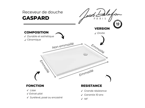 Receveur de douche 120 x 90 JACOB DELAFON Gaspard extra-plat céramique bonde à droite